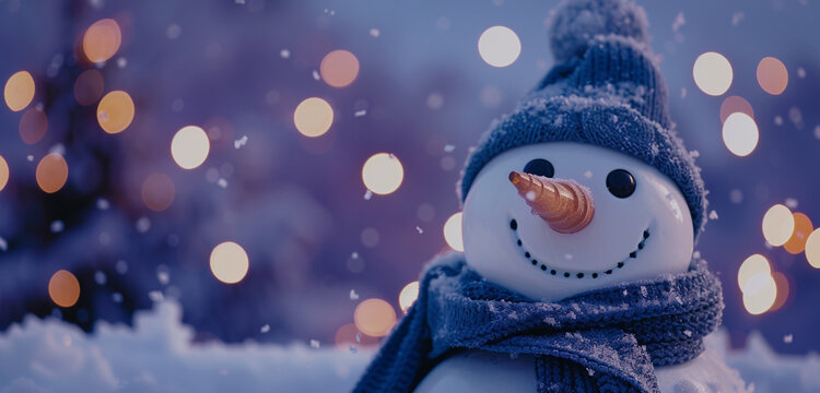 Close-up of a snowman donned in a blue scarf and cap against a snowy backdrop, under a rich lavender night sky, with a blurred bokeh effect for a dreamy scene and copy space
