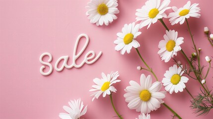 Na różowym tle widoczne są białe stokrotki wraz z napisem promocja SALE. Obraz prezentuje promocyjną ofertę sklepu lub biznesu. - obrazy, fototapety, plakaty
