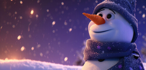 Close-up of a snowman donned in a blue scarf and cap against a snowy backdrop, under a rich...