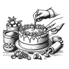 Cake baking hand-icing kitchen utensils and ingredients. Sketch line art engraving generative ai vector illustration. Scratch board imitation. Black and white image. - obrazy, fototapety, plakaty