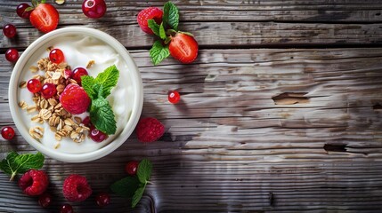 W misce znajduje się jogurt udekorowany świeżymi truskawkami i listkami mięty na drewnianym stole.