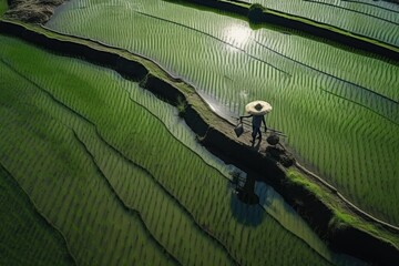 An aerial shot captures a farmer working in the verdant rice paddies, where the water mirrors the sky above
