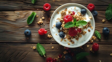 Miseczka jogurtu z pokrytymi świeżymi jagodami i chrupiącą granolą, ułożona na drewnianym stole. - obrazy, fototapety, plakaty