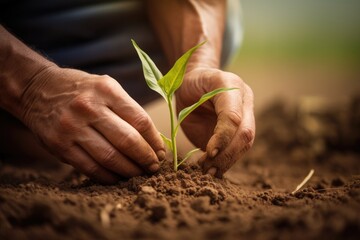 Close up shot of a farmer's hands carefully planting a young corn seedling in fertile soil, a testament to the nurturing of life - obrazy, fototapety, plakaty