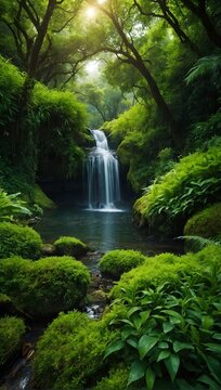 waterfall in the forest, Waterfall on the Mountain Stream located in Misty Forest
