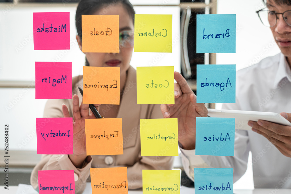 Poster two business people brainstorming with new startup project to planning marketing plan together while
