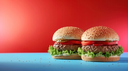 Dwa sezamowe Hamburgery z Sałatą i Pomidorem na Niebieskiej Powierzchni i czerwonym tle - obrazy, fototapety, plakaty