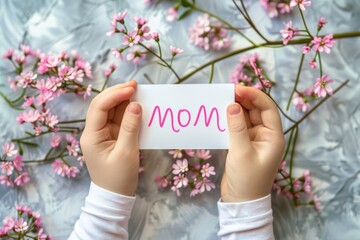 Concept Happy Mother's Day or International Day of Families. Top view of children's hands holding card with text Mom on background of pink flowers - Powered by Adobe