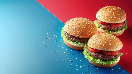 Trzy Hamburgery na Niebiesko i Czerwonym   gradient tle - obrazy, fototapety, plakaty