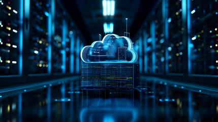 a cloud-based data storage system. cloud in the center of the server room