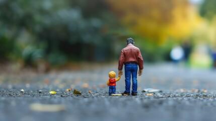 Zabawkowi tata i syn trzymają się za ręce na ulicy