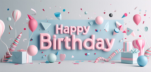 "Happy Birthday" in a modern minimalist font with abstract geometric party decor on a grey background