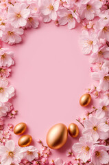 Naklejka na ściany i meble Easter holiday frame, golden eggs and cherry blossom branches on a pink background,Flat lay, copy space