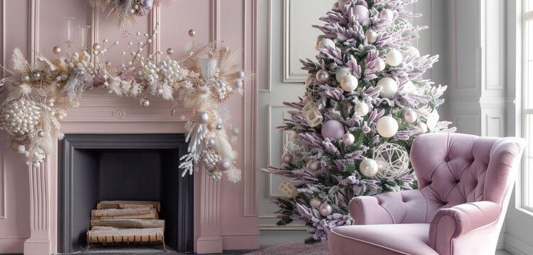 A chic holiday setup with a lavender fireplace, a soft pink armchair, and a Christmas tree with white and light purple decorations