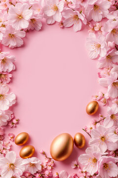 Easter holiday frame, golden eggs and cherry blossom branches on a pink background,Flat lay, copy space
