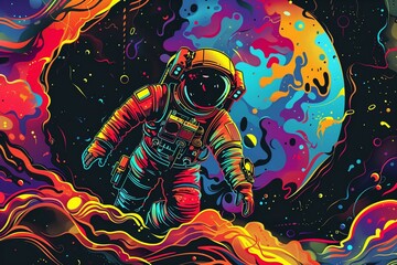 Colorful illustration of an astronaut in space suit on a dark background.