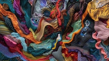Abstract Textile Art with Diverse Textures and Threads