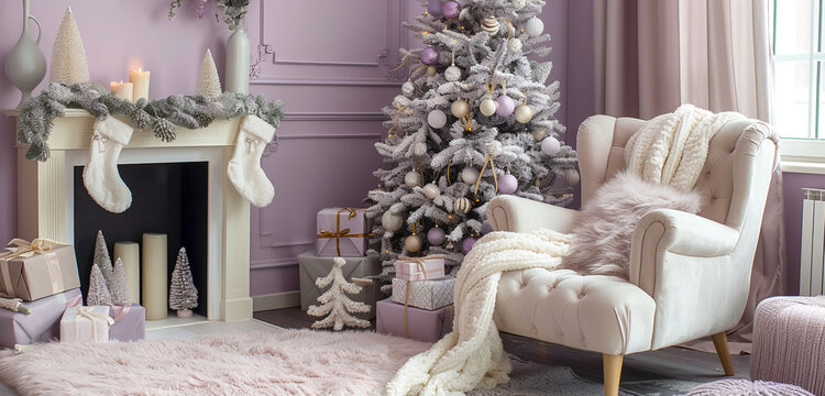 A cozy Christmas nook with a fireplace, a fluffy armchair, and a small Christmas tree with delicate ornaments and gifts, set against a soft lavender background
