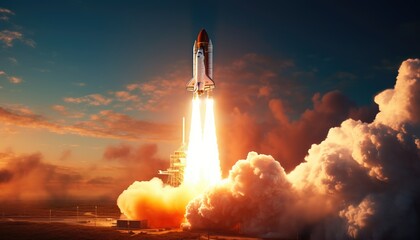 New space rocket lift off. Space shuttle with smoke and blast takes off into space on a background of blue planet earth with amazing sunset. Successful start of a space mission - obrazy, fototapety, plakaty
