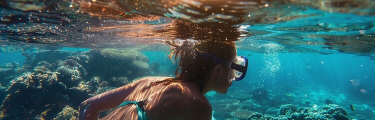 beautiful sunny day for woman to snorkel in the turquoise see - obrazy, fototapety, plakaty