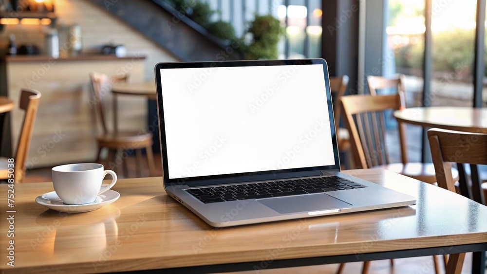 Aufkleber laptop computer blank screen on table in cafe background.