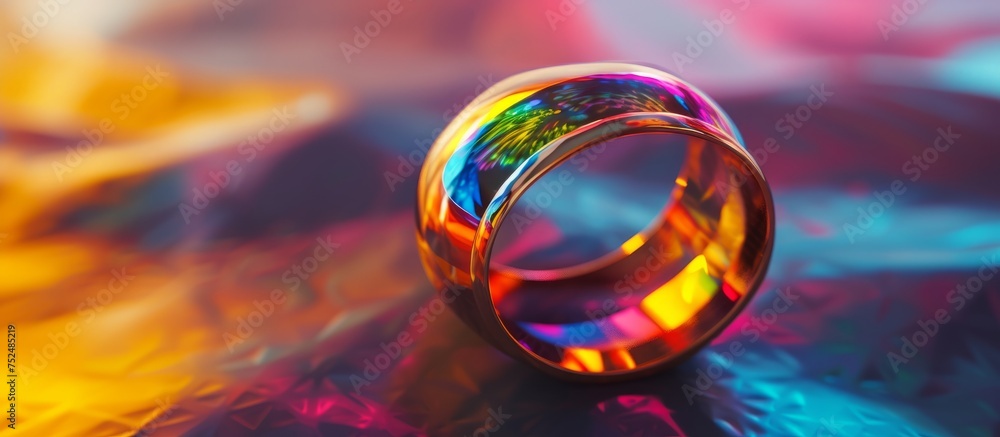Poster vibrant rainbow colored ring floating on a dynamic and colorful background
