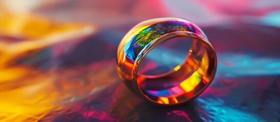 Vibrant rainbow colored ring floating on a dynamic and colorful background