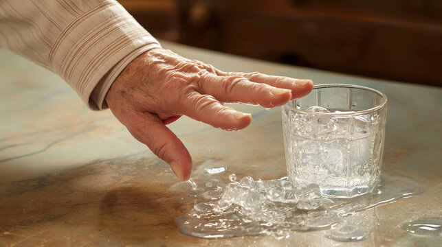 Wrinkled hand of an elderly person and spilled glass of water. Parkinson's disease concept