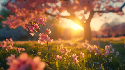a field of pink flowers with the sun shining through