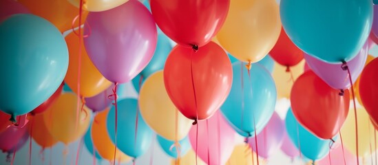 Colorful festive balloons flying in the sky on a sunny day celebration party background