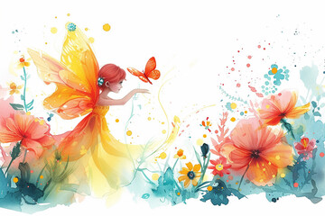 Obraz na płótnie Canvas Beautiful young Fairy and flowers with butterfly watercolor oil painting illustration