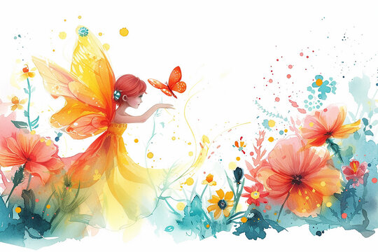Beautiful young Fairy and flowers with butterfly watercolor oil painting illustration