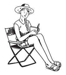 Camper sketch, tourist clipart. Doodle of a girl reads a book on a folding chair. Hand drawn vector illustration in engraving style.
