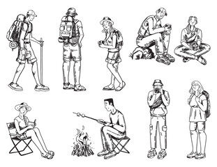 Campers sketches collection. Doodle set of various people during hiking, camping. Hand drawn vector illustrations in engraving style.