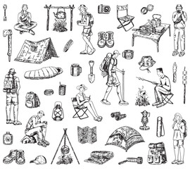 Camping doodles collection. Sketches set of people traveling, hiking equipment, journey supply. Vector illustration isolated on white.