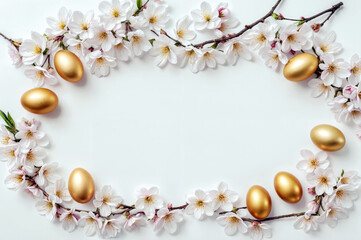 Naklejka na ściany i meble Easter frame, golden eggs and cherry blossom branches on a white background,Flat lay, copy space