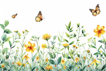 Obraz na płótnie Canvas Wide horizontal banner with yellow flowers and butterflies. Floral seamless pattern. Summer or spring background.