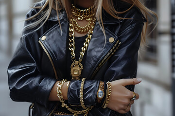 A fashionable young woman exudes confidence on an urban street, clad in a stylish black leather jacket accented with a sleek gold chain, creating a striking and trendy urban fashion statement.