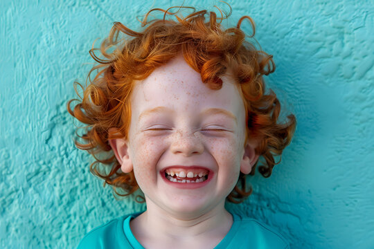 Joyful red-haired boy laughing on turquoise background for happy childhood