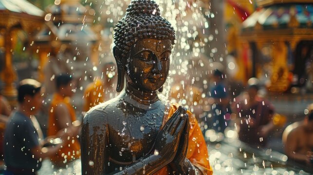 Amidst the tranquil ambiance of Songkran, a close-up captures the serene face of a Buddha statue adorned with golden marigolds and delicate water droplets.