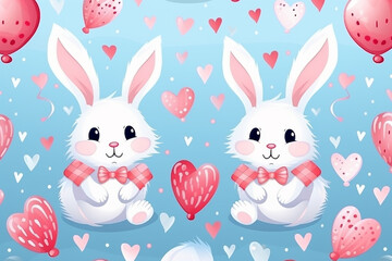 Cute baby rabbit seamless pattern with roses heart, hand drawn flower background. vector cartoon illustration for nursery, poster, birthday greeting cards, baby shower, textile printing