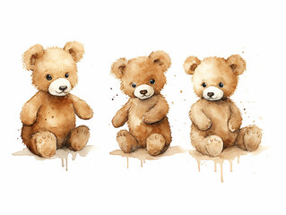 Obraz na płótnie Canvas Set of 5 super cute brown teddy bear watercolor isolated on white background