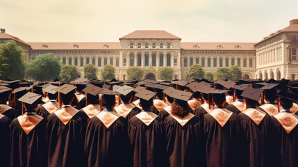 Naklejka premium A large group of graduates in hats with their classmates are standing near the educational institution.
