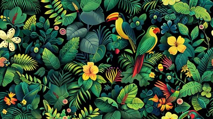 Vibrant tropical rainforest fauna and flora seamless pattern with colorful birds and blooming flowers - obrazy, fototapety, plakaty