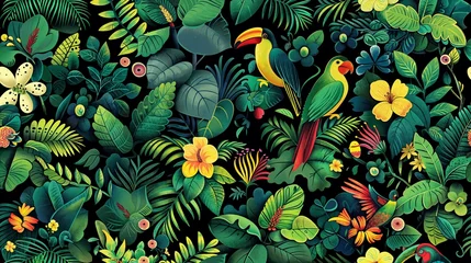 Foto op Aluminium Vibrant tropical rainforest fauna and flora seamless pattern with colorful birds and blooming flowers © PhotoPhantom