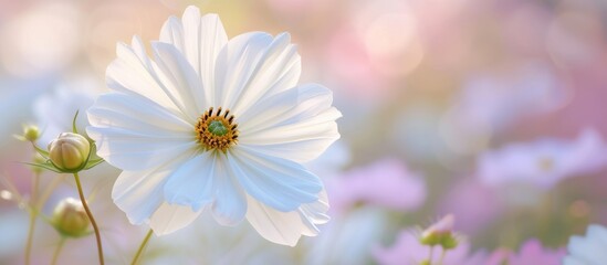 Beautiful white flower with a vibrant yellow center in full bloom on a sunny day