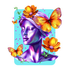 3d holographic woman with flowers and butterflies ilustration 