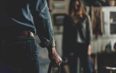 The blurred movement of a woman contrasts against the sharp focus on a man's hand gripping a belt. The scene evokes the pressing concern of domestic abuse. - obrazy, fototapety, plakaty