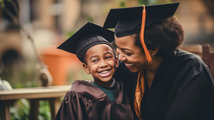 Happy black, African American mother hugging her student son in a cap, graduate cap in a wheelchair near an educational institution. - Powered by Adobe