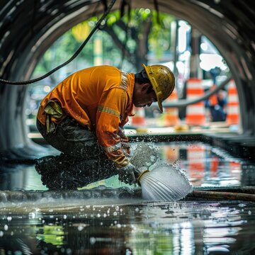 A construction worker in vivid yellow cleans a flooded drain amidst urban surroundings. This image reflects the critical role of maintenance in preventing water logging in cityscapes.